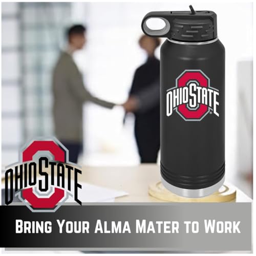 Ohio State University 32oz Stainless Steel Double Walled Black Beverage Bottle with Flip Straw Spout - College Gear for Playoff Season – For Office, Home or Auto – Show your Buckeye Pride - style: Ohio State / Black