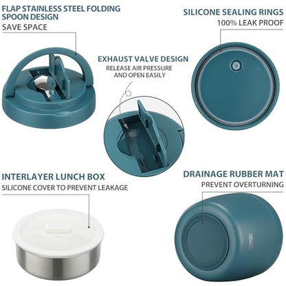 wiwens Thermo Food Jar for Hot Food Adults 32OZ Soup Thermo Lunch Containers Wide Mouth Vacuum Insulated Stainless Steel Leakproof Bento Box with Spoon (lake blue) - color: Lake Blue
