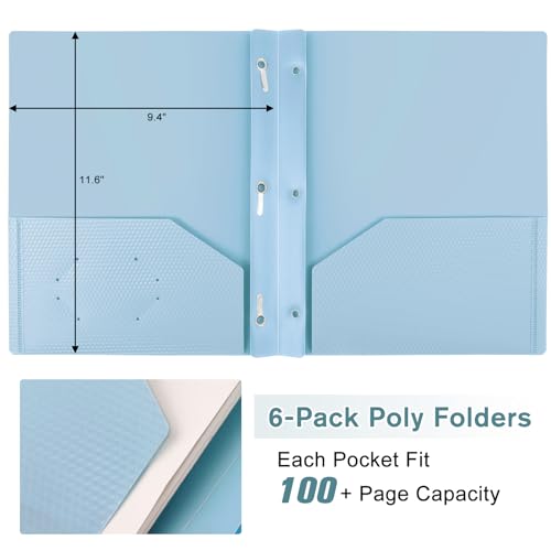Plastic andPockets and Prongs,2-Pocket and3 Fasteners, Pastel Folders Holds 8-1/2" x 11" Paper for School/Office/Home, 6 Packs - color: Gray-green, size: 6-Pack