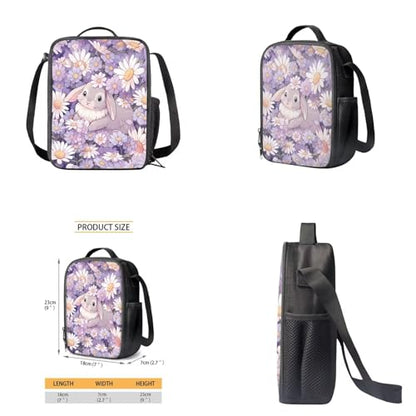Daisy Bunny Backpack for Girls Kids Backpack with Lunch Box Water Bottle Holder with Strap and Pencil Case 4PCS Set Bookbag with Front Pocket for School Teens 17 inch Lightweight School Bag - color: Cute Bunny and Daisy Floral