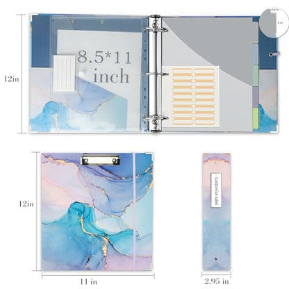 2 Inch 3 Ring Binder Organizer with Clipboard, 5-Tabs Pockets Dividers, Plastic Folder, 18 Divider Stikers, KLLVE Three Ring Binder with Pen Loop (Blue Marble, Letter Size) - color: Blue Marble, size: 2in（Letter Size）