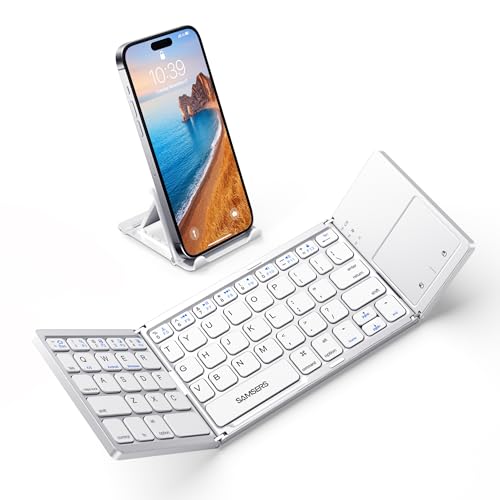 Samsers Foldable Bluetooth Keyboard with Touchpad - Portable Wireless Keyboard with Holder, Rechargeable Full Size Ultra Slim Pocket Folding Keyboards for Android Windows iOS Tablet & Laptop - Silver - color: Frost Silver, size: 1-Device