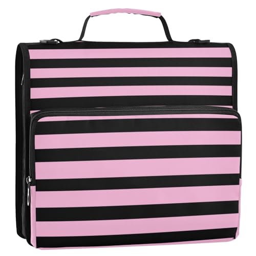 Black and Pink Stripes Zipper Binder with Shoulder Strap Bag 3 Ring Binder Organizer Large Capacity Multiple Compartments for School Office