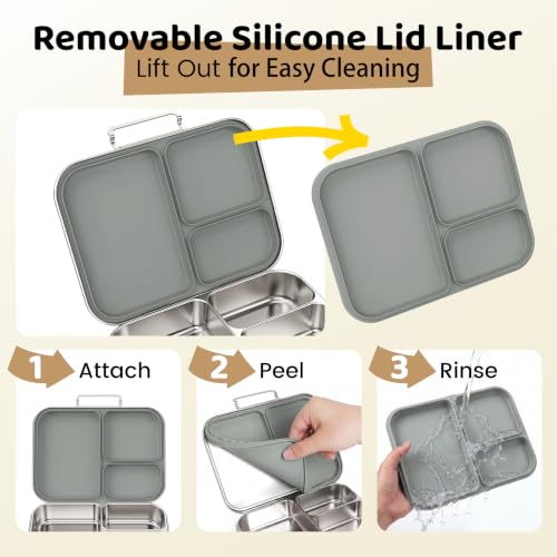 Pawtong Stainless Steel Bento Box for Kids and Adults, 3 Compartment Leakproof Lunch Box with Removable Silicone Seal and Silicone Contianer, Metal Lunch Container for School, Work and Travel (Grey) - color: Gray