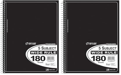 Top Flight Standards 5-Subject Wirebound Notebook, 180 Sheets, 3-Hole Punched, Wide Rule, 10.5 x 8 Inches, 1 Notebook, Color May Vary (31414) (Pack of 2) - size: 1 Count (Pack of 2)