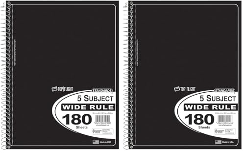 Top Flight Standards 5-Subject Wirebound Notebook, 180 Sheets, 3-Hole Punched, Wide Rule, 10.5 x 8 Inches, 1 Notebook, Color May Vary (31414) (Pack of 2) - size: 1 Count (Pack of 2)