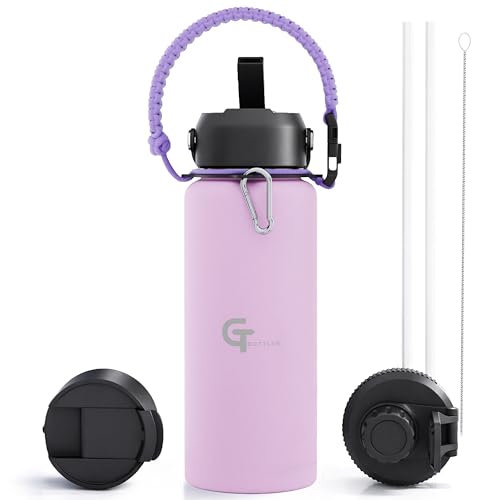 32oz Insulated Stainless Steel Water Bottle with 3 Lids & Paracord Handle – Leakproof Wide Mouth Metal Sports Bottle for Gym, School & Travel (Light Purple, 32oz) - color: Light Purple, size: 32oz