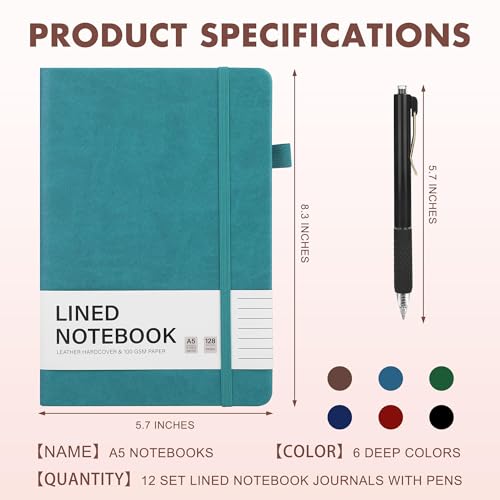 Aodaer 12 Set Lined Notebook Journals with Pens A5 Notebooks 100 GSM College Ruled Hardcover Notebook PU Leather Notepad with Pen Holder for Office School, 5.7 x 8.3 Inches, Deep Multicolor - color: Deep Multicolor