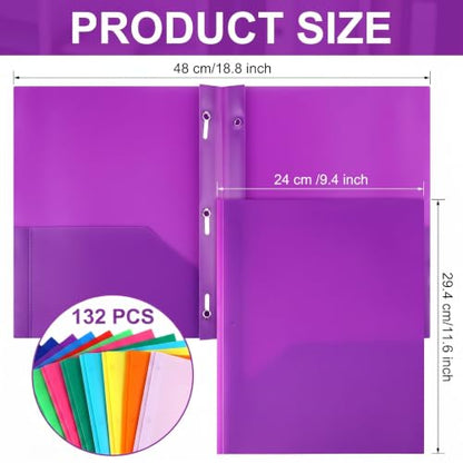 Cholemy 132 Packs Pocket Folders with Prongs Heavy Duty Plastic Folder with Business Card Slot 3 Prong Fasteners for School Office (Bright) - color: Bright