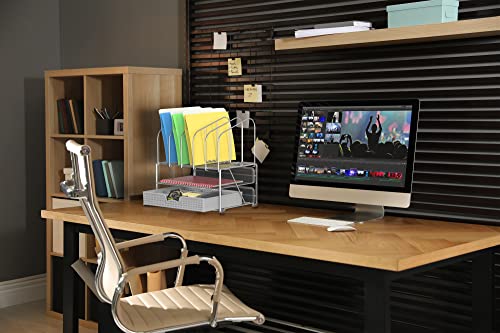 Deco Brothers Mesh Desk Organizer with Double Tray, 5 Upright Section, Gray | Sliding Drawer with Adjustable Dividers - color: Sliver