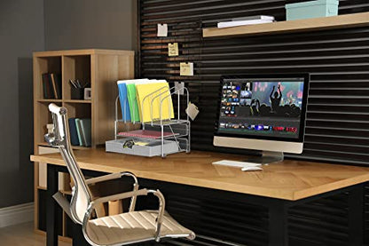 Deco Brothers Mesh Desk Organizer with Double Tray, 5 Upright Section, Gray | Sliding Drawer with Adjustable Dividers - color: Sliver