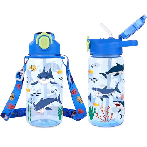 Shark Kids Water Bottle for School 20oz with Strap, Straw Pop-Up Spout Cover and Carry Handle, Leak Proof Water Cup for Boys, Plastic Waterbottle for Sport Travel - color: Shark Dark Blue, size: 20.3 Ounces