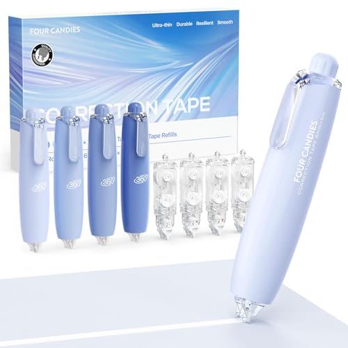 Four Candies Refillable Correction Tape, 4PCS White Tape with 4 Refills | Smooth White Pull-Out Tape for Instant Corrections, Easy to Use Applicator for Office, School Supplies (Blue) - color: Blue