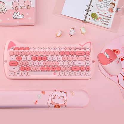 Cute Cat 2.4G USB Wireless Keyboard and Mouse Combo, Silent Keys, Candy Colors, Compatible with Notebook, PC (Pink-84Keys) - color: Pink-84Keys