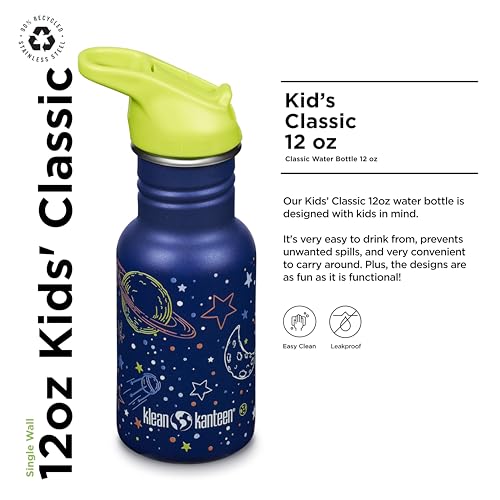 Klean Kanteen 12 oz Classic Kid's Water Bottle with Flip Seal Sport Cap & Straw - 100% Leakproof Cap - Durable Stainless Steel Material - Lightweight & Easy-Grip - BPA-Free - Milky Way
