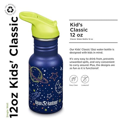 Klean Kanteen 12 oz Classic Kid's Water Bottle with Flip Seal Sport Cap & Straw - 100% Leakproof Cap - Durable Stainless Steel Material - Lightweight & Easy-Grip - BPA-Free - Milky Way