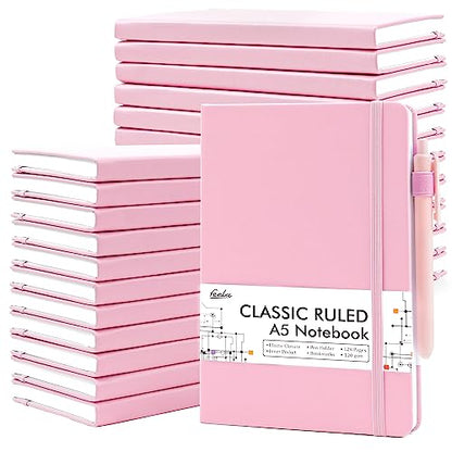 feela 24 Pack Journal Notebook Bulk for Work, Business Notebook Hardcover Lined Writing Journal with Pen Holder for Men Women Note Taking, with 24 Black Pens, 120 GSM, 5.1”x8.3”, A5, Rose Pink - color: 24 Rose Pink