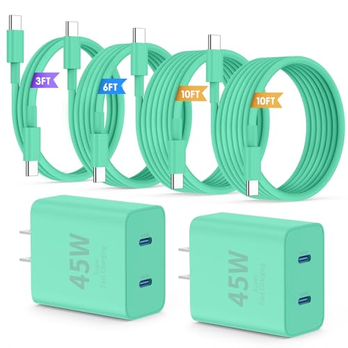 QZIIW iPhone 16 15 Pro Max Charger Fast Charging,45W Dual Port USB C Fast Charger Block [2-Pack] & Extra Long 60W 3/6/10/10FT USB C Cable - PD Quick Adapter 3.0 for iPhone 16 15/16 15Pro/16 15 Plus. - color: Green, size: 3FT+6FT+10FT+10FT