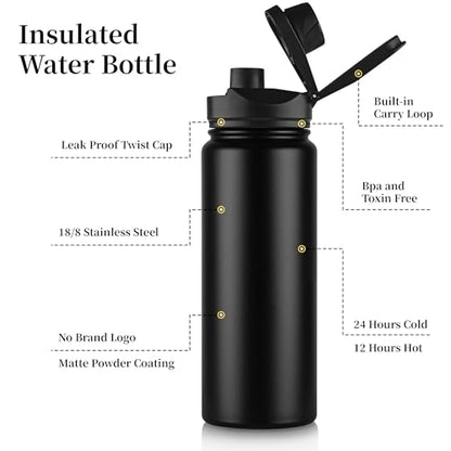 24 oz Insulated Water Bottle with Straw Lid & Wide Mouth Lids, Stainless Steel Sports Water Bottles, Double Walled Vacuum, Leak Proof,Black - color: Black, size: 24 Ounces