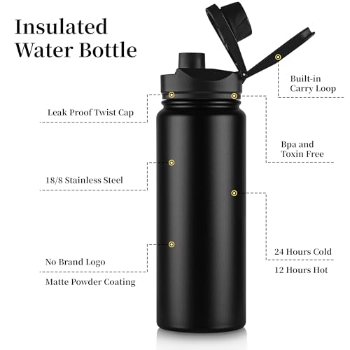24 oz Insulated Water Bottle Bulk 8 Pack, Stainless Steel Sports Water Bottles with Straw Lid & Wide Mouth Lids, Double Walled Vacuum, Leak Proof, Black - color: Black, size: 24 Ounces-8