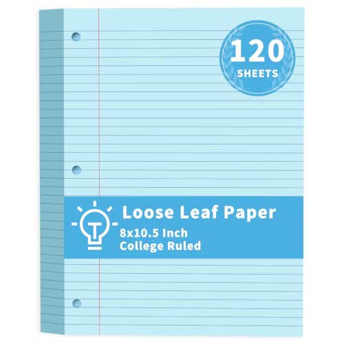Blue Loose Leaf Paper 120 Sheets Colored Filler Pape 8" x 10.5" College Ruled Paper 3-Hole Punched Paper for 3-Ring Binders Notebook Lined 8 * 10.5 Binder Paper Blue Paper for School Office Supplies - color: Blue, size: 120 Sheets College Ruled