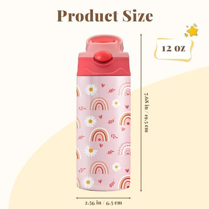 Daisy Water Bottle for Women - 12oz Pink Water Bottle with Straw, Rainbow Stainless Steel Tumbler, Insulated, Leak-proof, BPA-free, Pop-up Straw Lid, for School Travel - Birthday Gift Cup(1pc) - color: Daisy rainbow