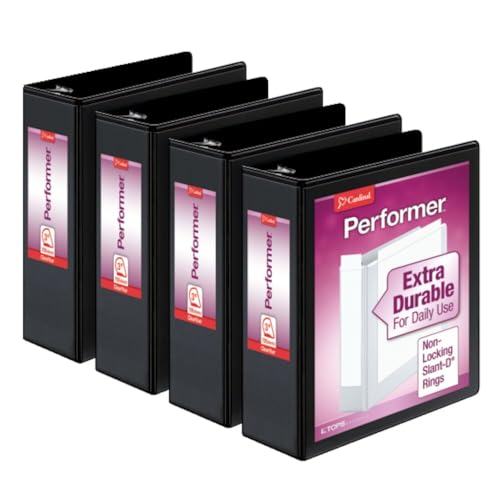 Cardinal Performer 3-Ring Binders, 3", Non-Locking Slant-D Rings, 725-Sheet Capacity, ClearVue Presentation, Non-Stick, PVC-Free, Black, 4-Pack (27601) - size: 3-Inch