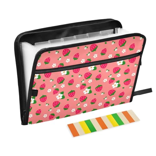 Expanding File Pocket Folder Organizer - Cute Strawberry Flower Accordion File with 13 Pockets - Portable Bill Receipt Folder - color: Cute Strawberry Flower