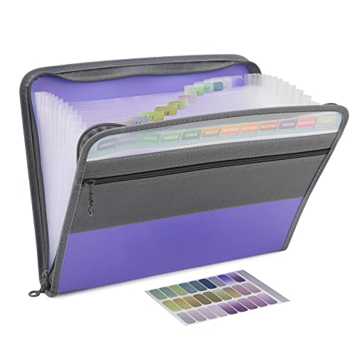 NAFY Accordion File Organizer, 13 Pockets Expanding File Folder with Zipper, A4 Letter Size Portable Accordion Expanding File Folders with 27pcs Multicolor Labels for Office School Supplies (Lavender) - color: Lavender Purple