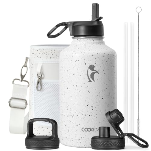 Half Gallon Water Bottle Insulated with Straw&3 Lids, Coolflask 64 oz Water Jug Galaxy Large Metal Stainless Steel flask for Gym, Sports and Office, Keep Cold 48H Hot 24H, Arctic White - color: Arctic White, size: 64 Ounces