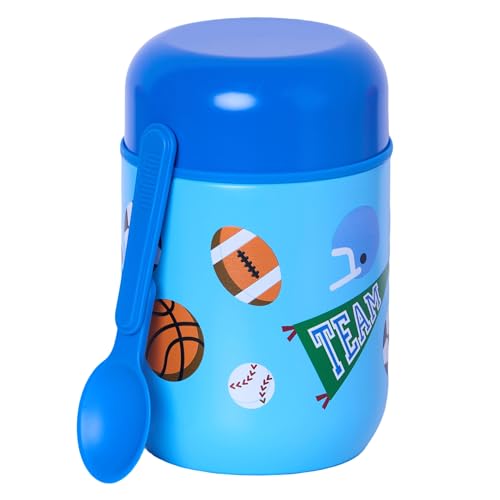 Wildkin Kids 10 oz Insulated Food Jar, Game On | Wide-mouth 10 oz jar keeps food hot up to 5 hrs and cold up to 7 hrs · includes two folding spoons · stainless steel interior - color: Game On