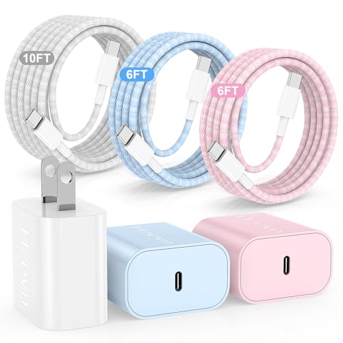 20W USB C Fast Charging for iPhone 17 Air/16/15 Pro Max,3Pack Colorful Mixed Charger Block with Braided Long USB C to C Cables (6/6/10ft) Compatible with iPhone16/15 Pro/15 Plus/iPad Pro - color: White+Pink+Blue, size: 20w(6+6+10)ft