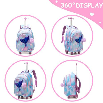 Mermaid Rolling Backpack for Kids 8-12 Girls Rolling Backpack Kids Trolley School Bag with Wheels Travel Backpacks Carry on Luggage for Girls with Lunch Box Pencil Case - color: Mermaid Purple