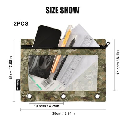 Camo Pencil Pouch For 3 Ring Binder Clear Window Pencil Case For 3 Ring Reinforced Grommets With Zipper, 2 Pack - color: Camo