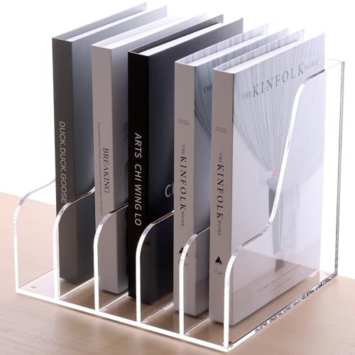 SANRUI Acrylic File Organizer, Compact Desk Organizer for Folders, Binders, Notebooks, Envelopes, Clear Magazine File Holder, 5 Section Bookshelf for School Home Office Organization, A4 - size: A4,5 Sections