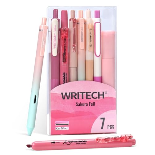 WRITECH Gel Pens Journaling Highlighters: Journal Set Aesthetic Assorted Pastel Color Ink 0.5mm Fine Point Retractable 0.7mm Black Pen Smooth Writing Drawing No Bleed 7ct (Pink) - color: Pink