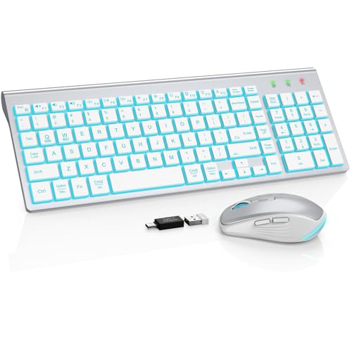 SABLUTE Wireless Keyboard and Mouse Combo Backlit - Compact Quiet Keyboard with RGB Mouse, Rechargeable, Slim, Sleep Mode, Portable Cordless Set for Mac, Windows, Laptop, PC (Silver White) - color: Silver White
