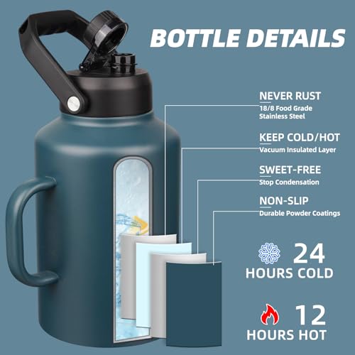 BJPKPK 1 Gallon Water Bottle with Handle, Large Dishwasher Safe 128oz Insulated Water Bottle, BPA Free Water Jug, Wide Mouth Metal Flasks with Anti-slip Bottom, Keep Cold & Hot,Navy Blue - color: Navy Blue, style: 128oz-Side Handle