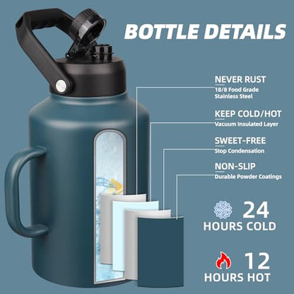 BJPKPK 1 Gallon Water Bottle with Handle, Large Dishwasher Safe 128oz Insulated Water Bottle, BPA Free Water Jug, Wide Mouth Metal Flasks with Anti-slip Bottom, Keep Cold & Hot,Navy Blue - color: Navy Blue, style: 128oz-Side Handle