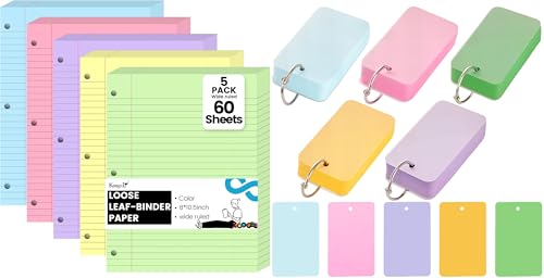 550PCS Study & Organization Bundle, 300 Sheets Colored Wide Ruled Loose Leaf Paper & 250PCS Colored Index Cards with Rings for School, College, Office, and Study Use