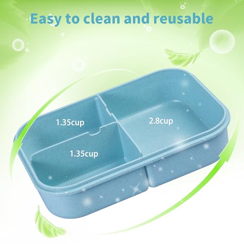 Itopor Bento Box for Kids & Adults, Lunch Box 46 oz, Pale Blue | Wheat straw material, BPA-free, leakproof, 3 compartments, microwave & dishwasher safe, for school, office & travel - color: Pale Blue