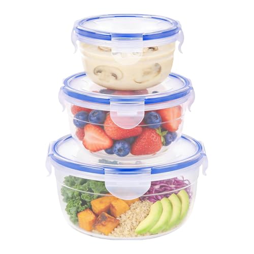 KIGI Round Food Storage Containers with Airtight Lids, Leak Proof Plastic Bowls for Lunch, Meal Prep, Fruit and Salad, 4-Sided Locking Lid, BPA-Free, 6 Piece Set, 1.25 Cup / 2.5 Cup / 4.3 Cup - size: Rounds (6-Piece)
