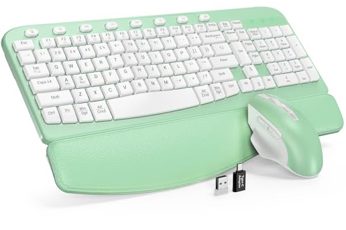 SABLUTE Wireless Keyboard and Mouse Combo with Ergonomic Wave Key | Leather Soft Palm Rest, 2.4G Full Size, 6-Button Mouse, 4-Level DPI, USB-A/C, MA12 Set for PC, Laptop, Windows, macOS (Green) - color: Apple Green