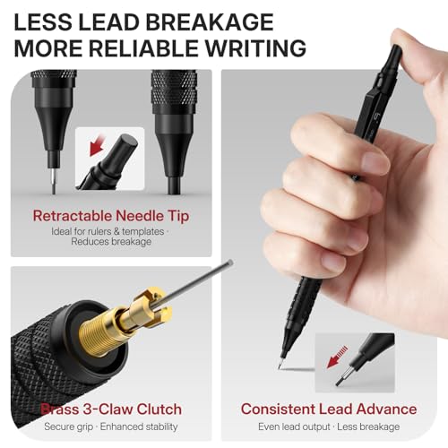 WUO 0.9mm Mechanical Pencil Set, 3 Black Metal Drafting Pencils with 480 HB Lead Refills, Precision Eraser Pen, 4B Erasers & Case, Mechanical Pencils for Writing, Drawing, Sketching & School - color: Black, size: 0.9