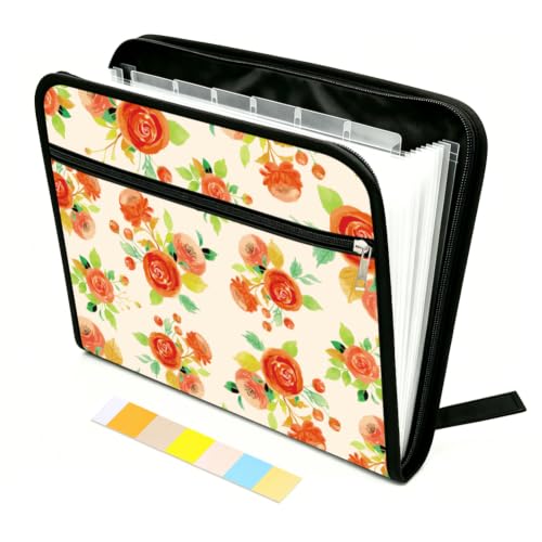 WEBEEDY 13 Pockets Watercolor Flower Expanding File Folder Floral Accordion Folder File Organizer with Labels and Zipper, Portable Expandable Paperwork Organiser for A4 Paper Document Photo Receipt - color: Watercolor Flowers