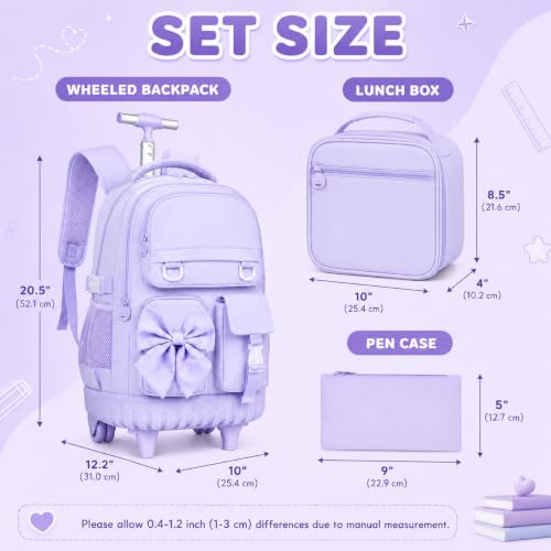 HPJGD 3PCS Rolling Backpack for Girls, Purple Bow Roller School Backpacks with Wheels, Water-Resistant Wheeled Bookbag Set - color: Purple Bowknot Rolling Backpack Set