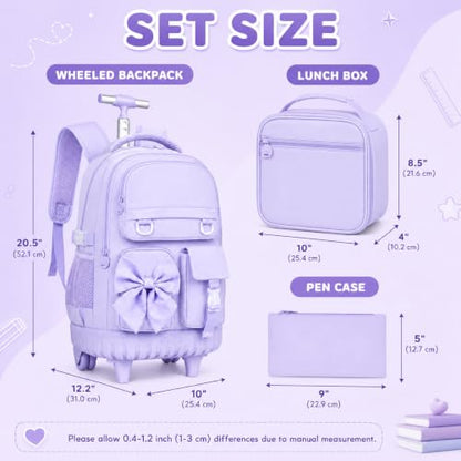 HPJGD 3PCS Rolling Backpack for Girls, Purple Bow Roller School Backpacks with Wheels, Water-Resistant Wheeled Bookbag Set - color: Purple Bowknot Rolling Backpack Set