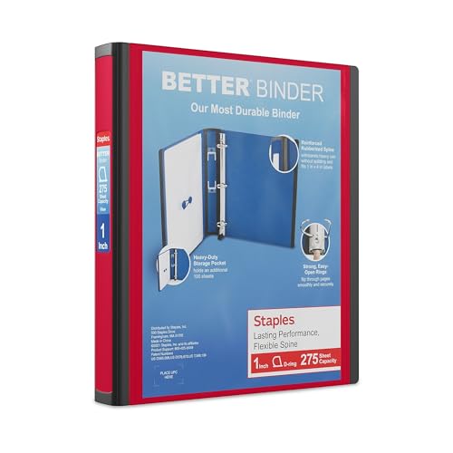 Staples 1-Inch 3-Ring Better Binder, Durable View Binder for Office & School Organization, Red, 3-Pack - color: Red, size: 1-Inch, style: 3 Pack