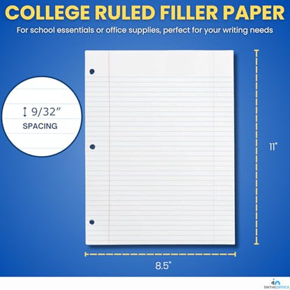 1InTheOffice Loose Leaf Paper College Ruled, Notebook Filler Paper, 8.5" x 11", 3-Hole Punched, White, 300 Pack