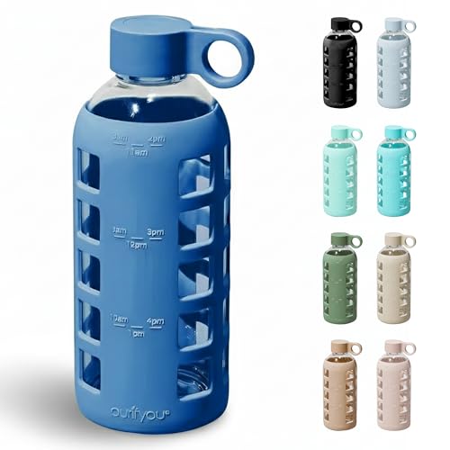 purifyou 40oz / 32oz / 22oz / 12oz Borosilicate Glass Water Bottle with Time & Volume Markers, Silicone Sleeve, Stainless Steel Lid | Reusable Glass Bottle for Water & Juice (22oz Chinese Porcelain) - color: Chinese Porcelain (1 Count), size: 22 Ounces